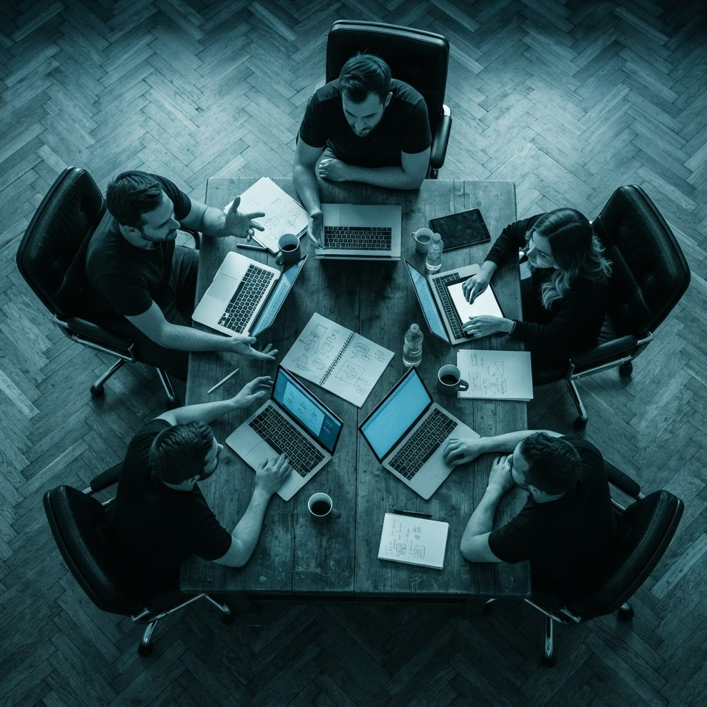 Equipo creativo reunido alrededor de una mesa