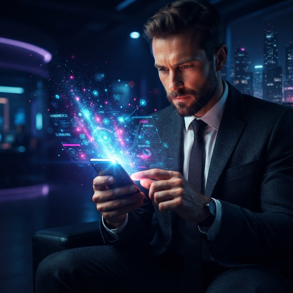 Persona utilizando un teléfono con efectos digitales